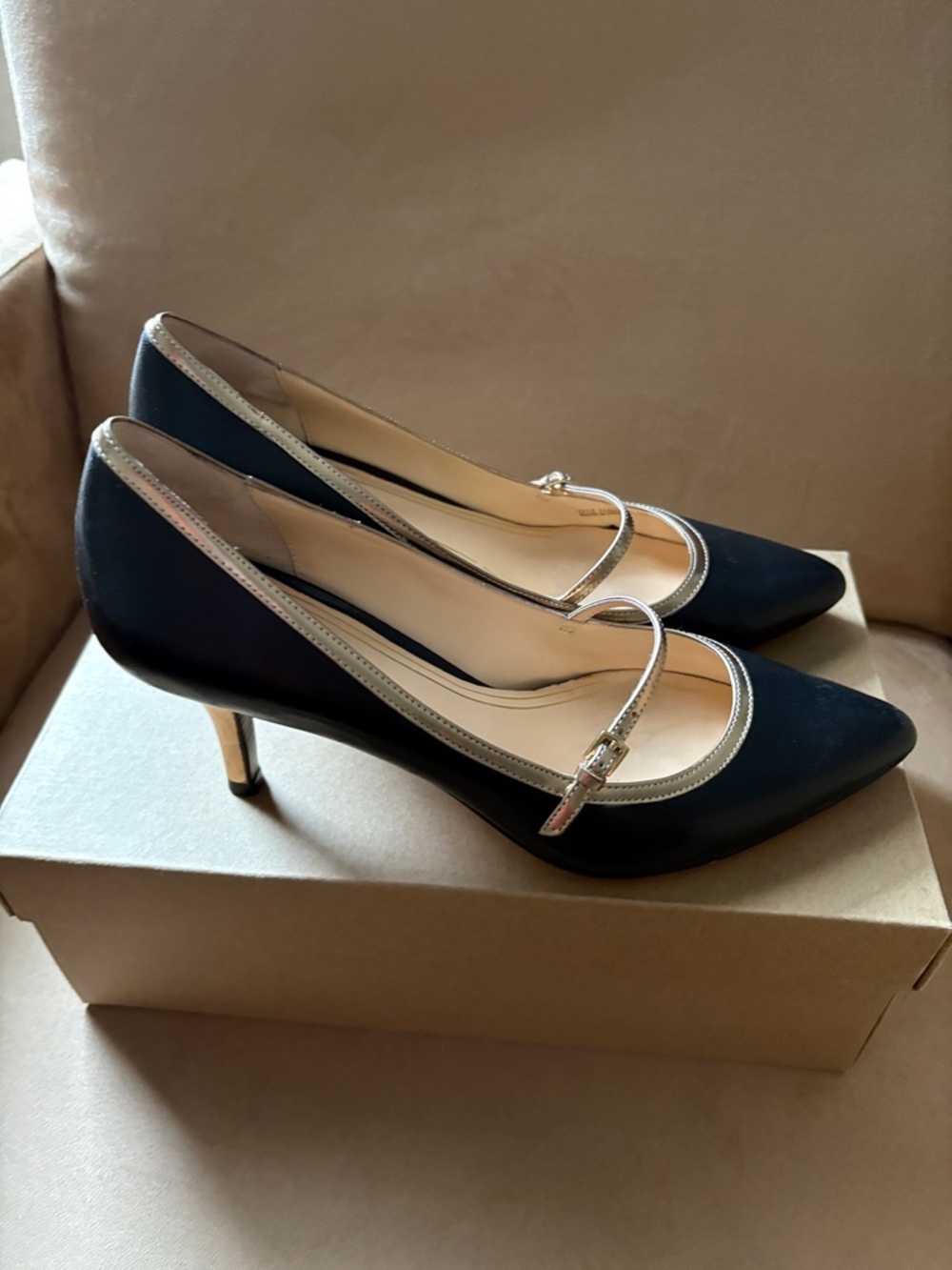 Cole Haan Black Leather Pointy-toe Mary Jane Pumps with Gold Metallic Trim